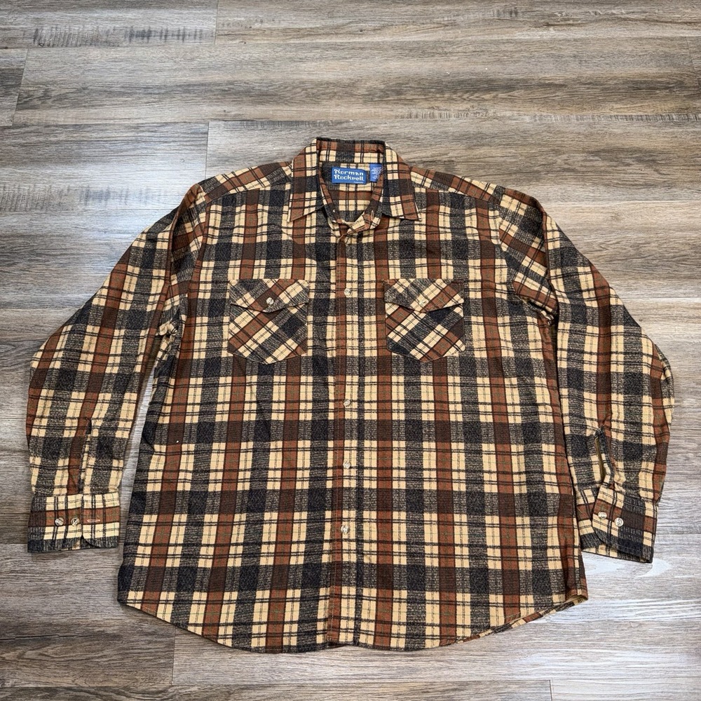 Norman Rockwell Flannel Shirt Mens Large Button Up Long Sleeve Plaid Brown Black